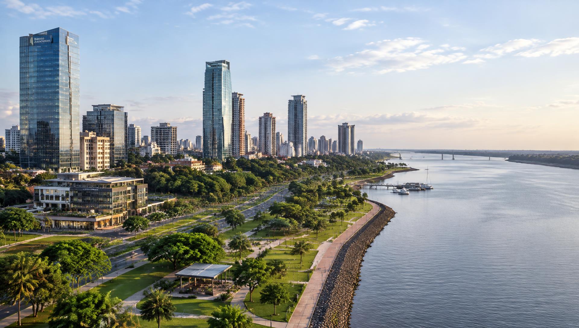 Vista moderna de Assunção, Paraguai, à beira do rio